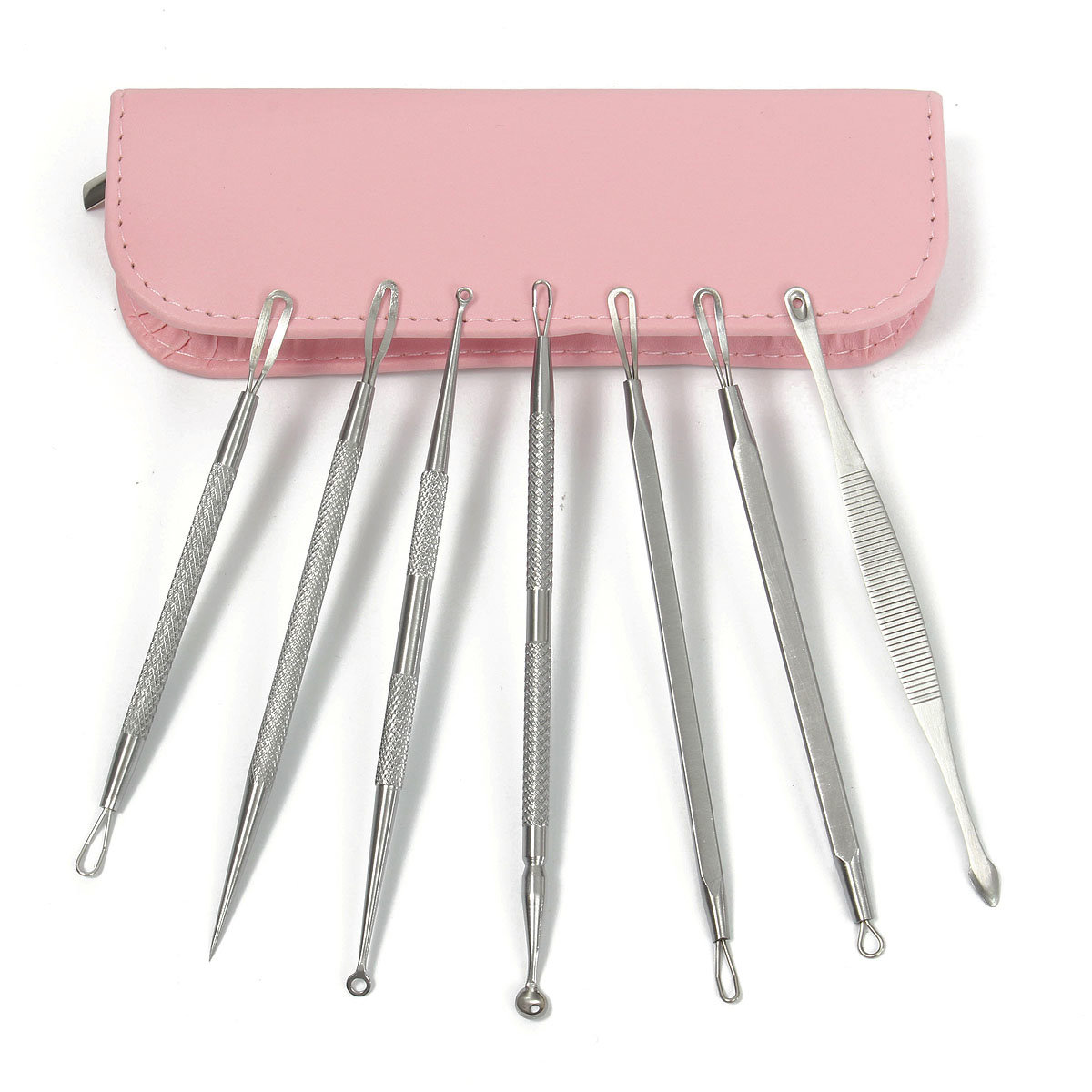 7Pcs Multipurpose Acne Blackhead Comedone Remover Extractor Stainless Steel Tool With Pink Bag 