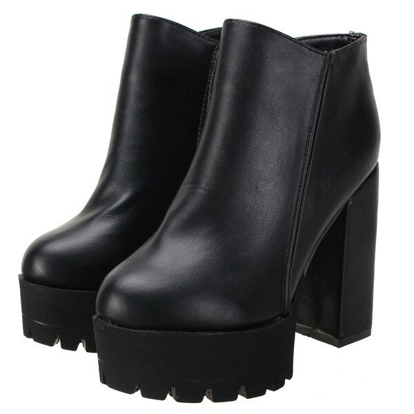 Designer Black Pu Zipper Ankle Chunky Heel Boots - NewChic
