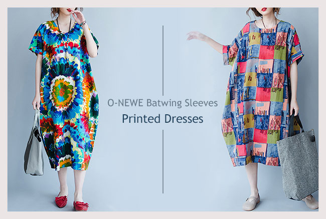 O-NEWE Batwing Sleeves Printed Dresses