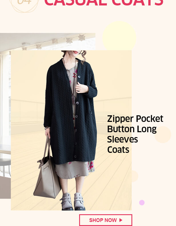 Zipper Pocket Button Long Sleeves Coats 