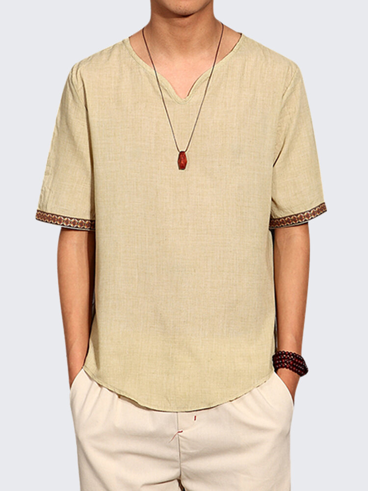 Mens Chinese Style Summer Linen Solid Color Short Sleeve T-shirt V-neck ...