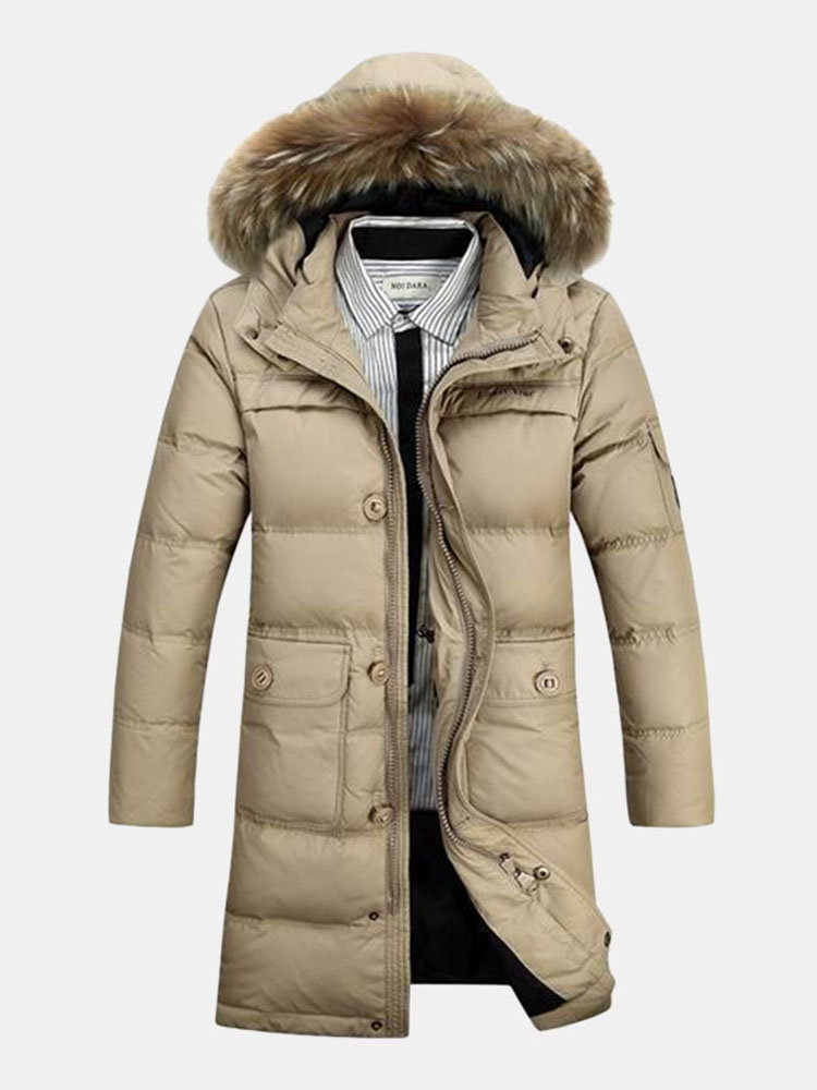 Winter Thicken Warm Fur Hooded Solid Color Long White Duck Down ...