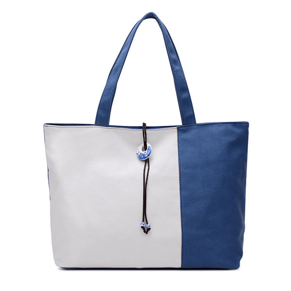 Women Canvas Contrast Color Joint Shoulder Bags Handbag Totes