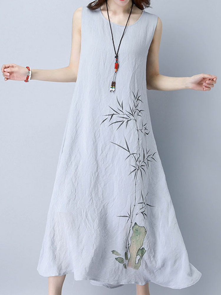 Bamboo Printed Sleeveless O-neck Loose Hem Women Dresses