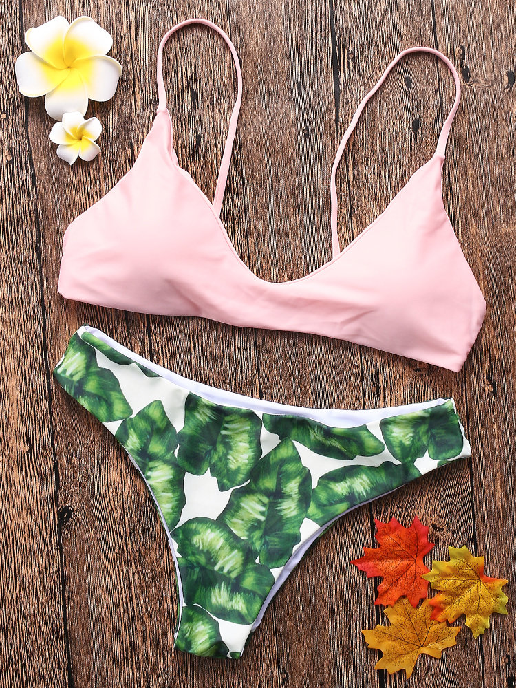 Sexy Leaf Print Backless Split Высокое эластичное покрытие Bikinis для женщин