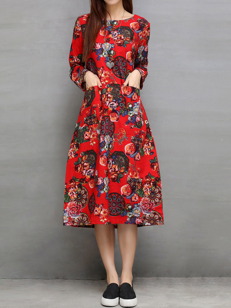 Vintage Women Long Sleeve Floral Printed O-Neck Pocket Loose Dresses ...