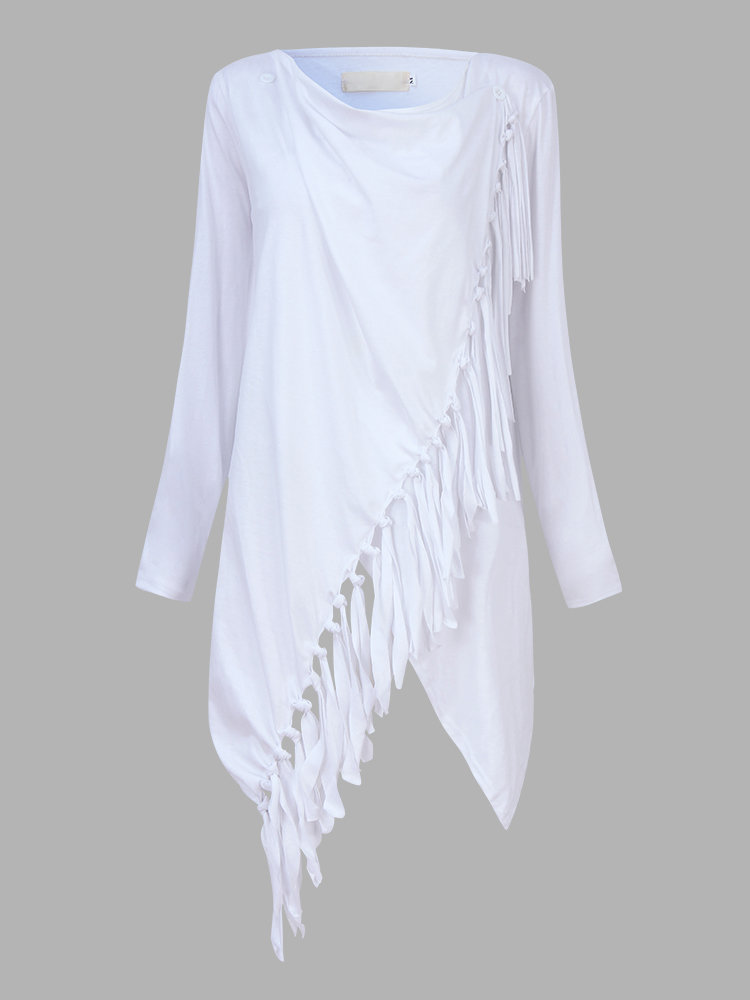 Casual Women Irregular Fringed Solid Long Sleeve Loose T-shirt - Newchic