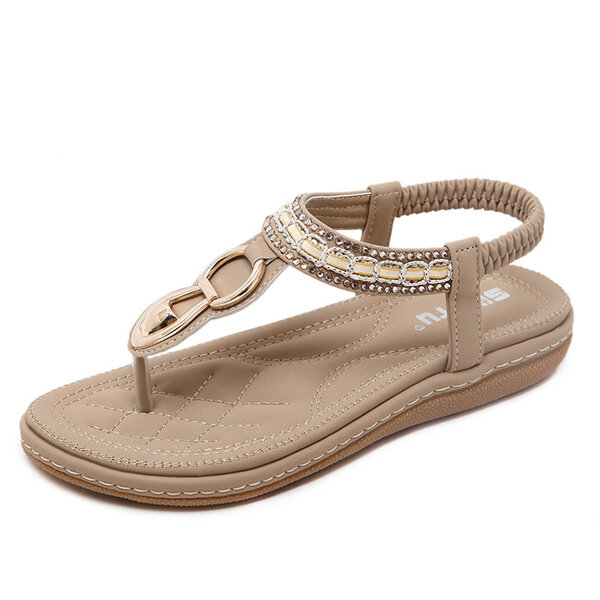 High-quality SOCOFY Metal Beaded Bohemia Clip Toe Elastic Flat Sandals ...