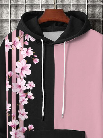 Cherry Blossoms Striped Patchwork Hoodies