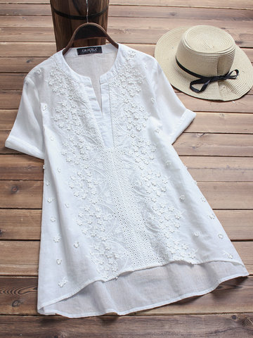 Vintage Embroidered Short Sleeve V-neck Shirts Cheap - NewChic