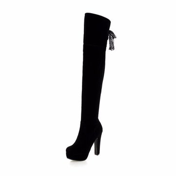 Suede Chunky Heel Over The Knee Lace Boots For Women