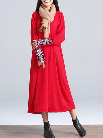 Vintage Embroidery Puff Sleeve Sweater Dresses