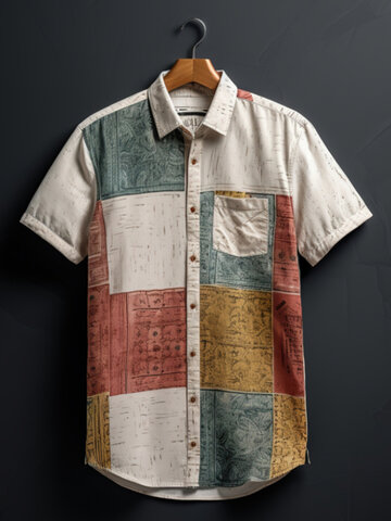 Vintage Print Color Block Shirts