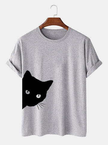 Cotton Cartoon Black Cat Print T-Shirts