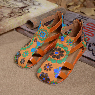 SOCOFY Flower Print Leather Hollow Out Strappy Zipper Sandals