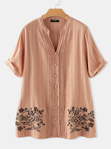 Embroidery Striped Pleated Blouse