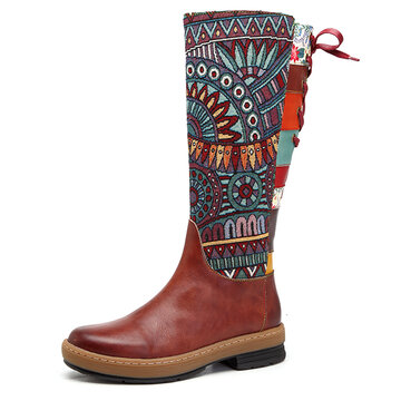 Designer SOCOFY Bohemian Splicing Pattern Flat Leather Knee Boots - NewChic