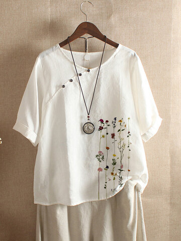 Floral Printed Short Sleeve Button T-shirt