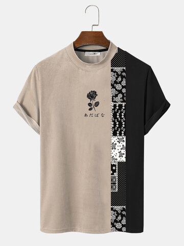 Rose Japanese Print Patchwork T-Shirts