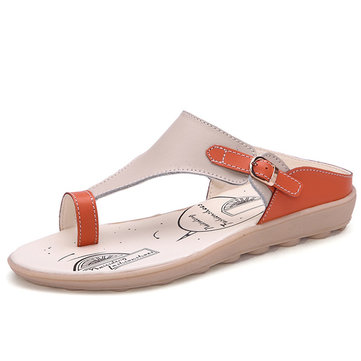 Soft Comfortable Clip Toe Buckle Color Match Leather Flat Casual Beach Open Heel Sandals