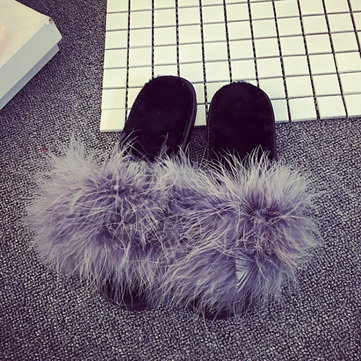 Feather Furry Open Toe Flat Mules Sandals Slippers Sliders