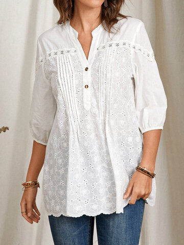 Button Lace Patchwork Pleated Blouse