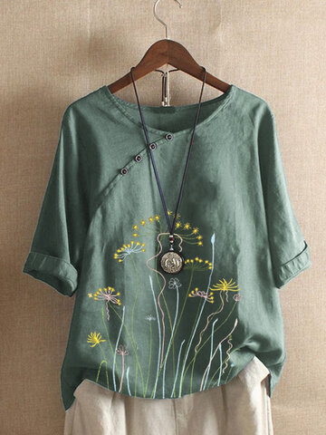 Floral Embroidery Button Blouse