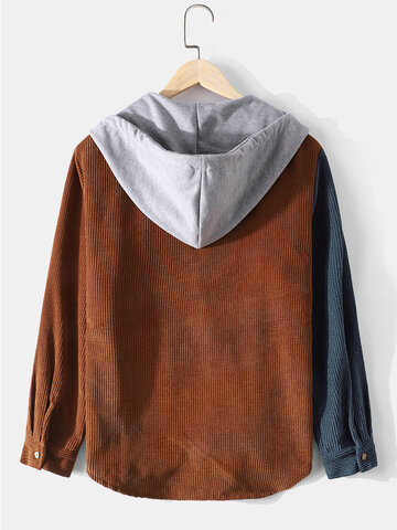 Corduroy Colorblock Stitching Hooded Shirt