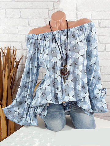 Casual Printed Off Shoulder Flare Sleeve Blouse