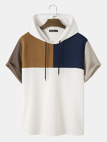 Waffle Knit Patchwork Hooded T-Shirts