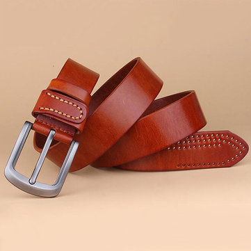 Men Retro Genuine Leather Belt Business Casual Waistband Hollow Needle Buckle Belt