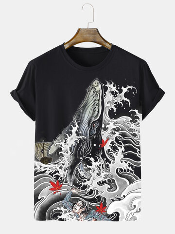 Japanese Wave Figure Print T-Shirts