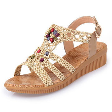 Large Size Bohemia Solid Buckle Strap Woven Peep Toe Soft Sandals