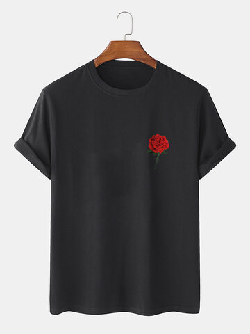 Rose Chest Print Crew Neck T-Shirts